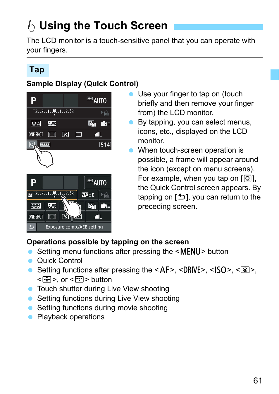 Using the touch screen, P.61, Dusing the touch screen | Canon EOS 80D User Manual | Page 61 / 526