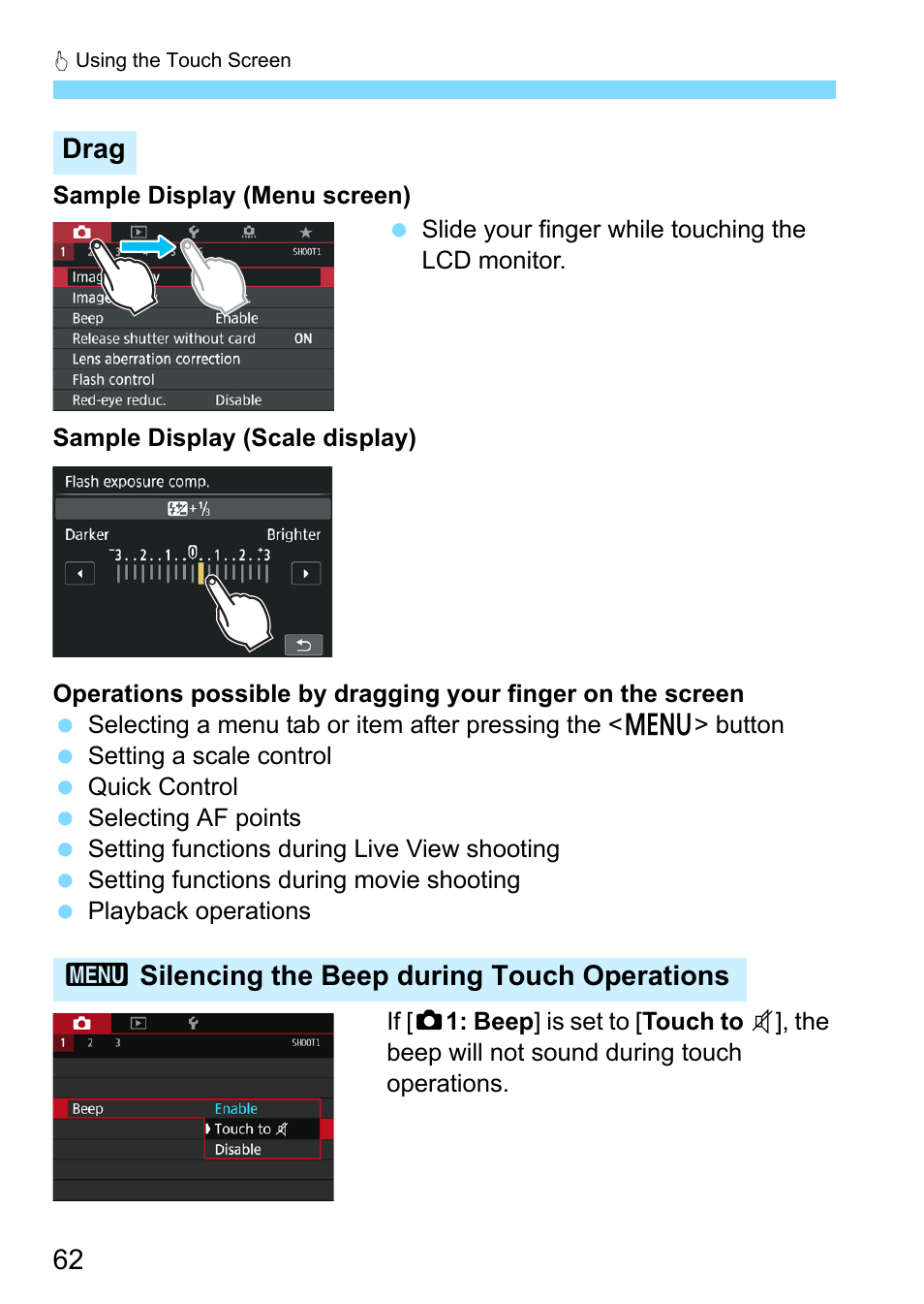Drag 3 silencing the beep during touch operations | Canon EOS 80D User Manual | Page 62 / 526
