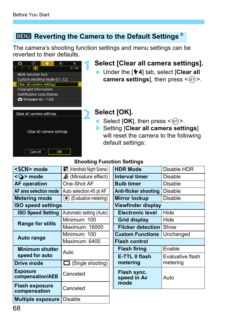 Select [clear all camera settings, Select [ok, 3reverting the camera to the default settings n | Canon EOS 80D User Manual | Page 68 / 526