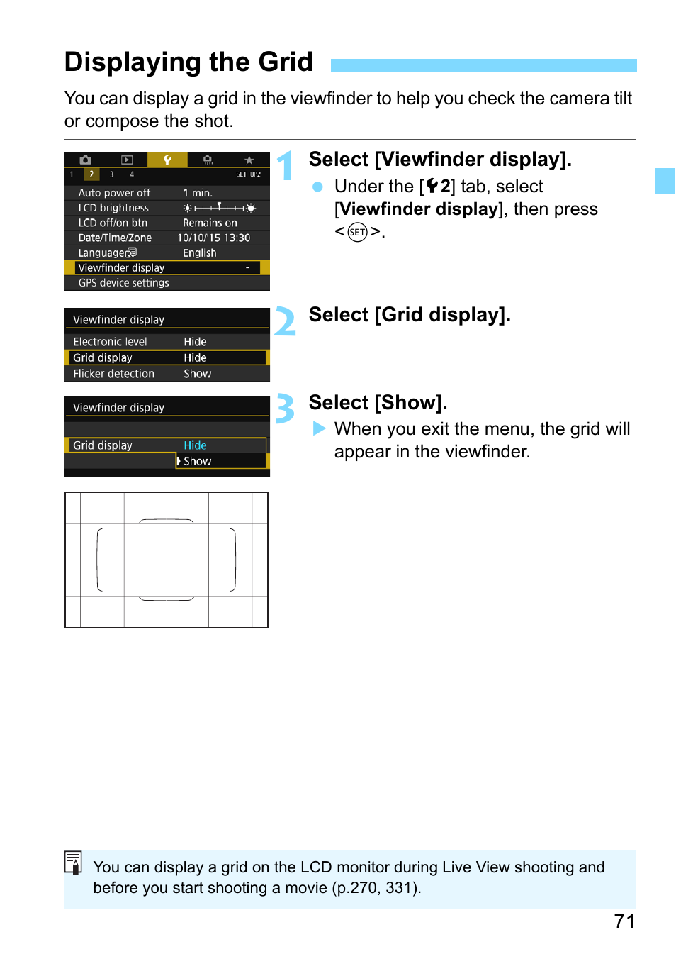 Displaying the grid | Canon EOS 80D User Manual | Page 71 / 526
