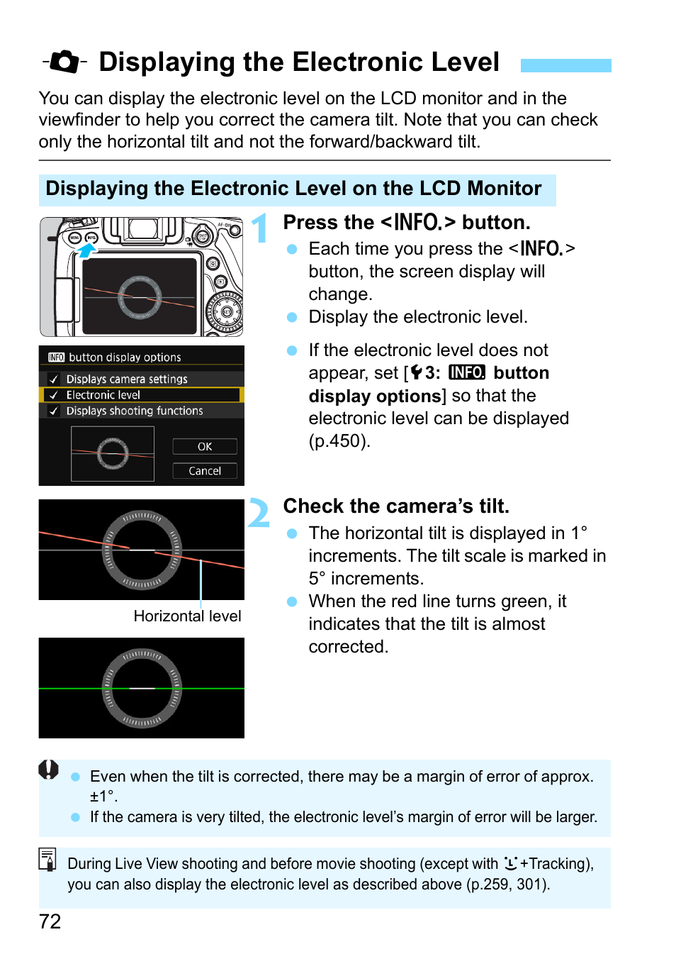 Displaying the electronic level, P.72, Qdisplaying the electronic level | Canon EOS 80D User Manual | Page 72 / 526