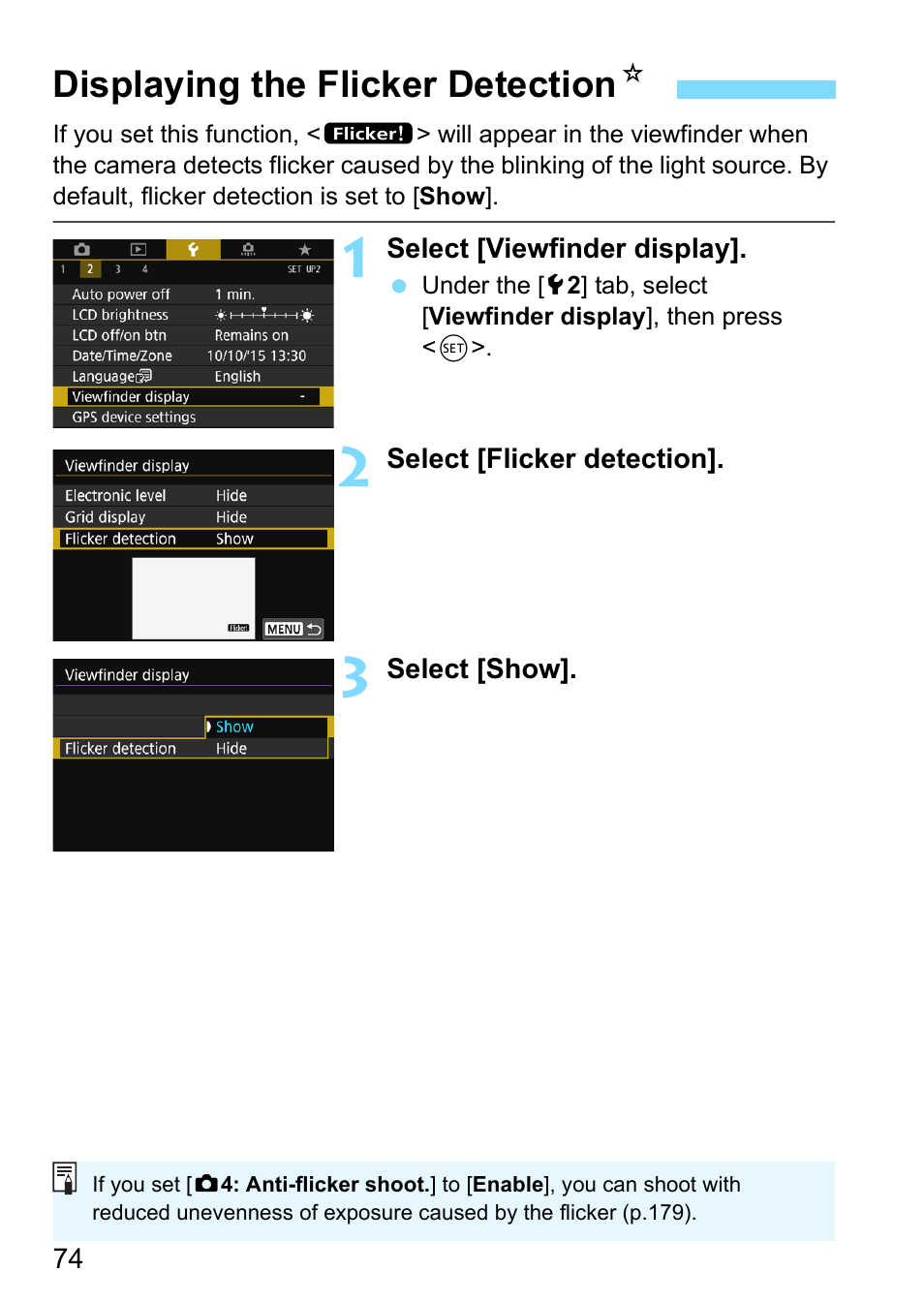 Displaying the flicker detectionn, P.74, 179) | Canon EOS 80D User Manual | Page 74 / 526