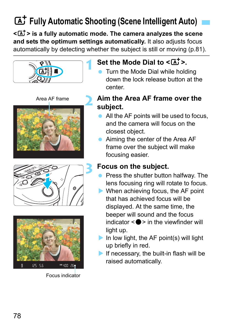 Fully automatic shooting (scene intelligent auto), P.78), P.78 | Afully automatic shooting (scene intelligent auto) | Canon EOS 80D User Manual | Page 78 / 526