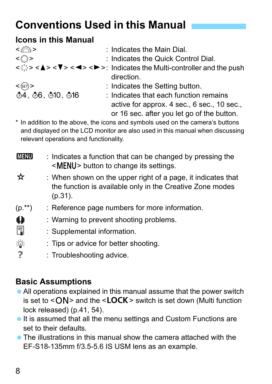 Conventions used in this manual | Canon EOS 80D User Manual | Page 8 / 526