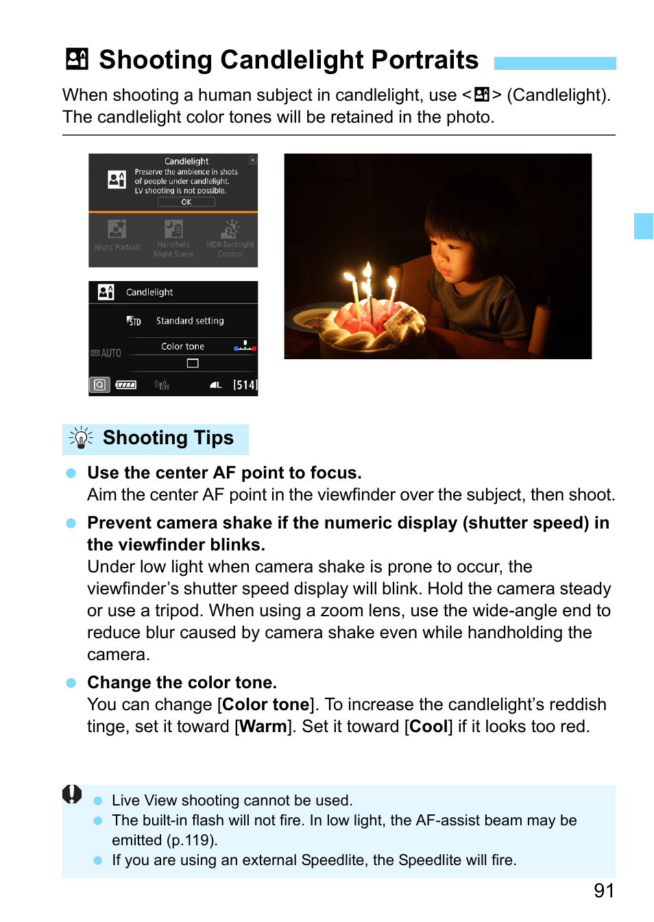 Shooting candlelight portraits, P.91, Xshooting candlelight portraits | Canon EOS 80D User Manual | Page 91 / 526