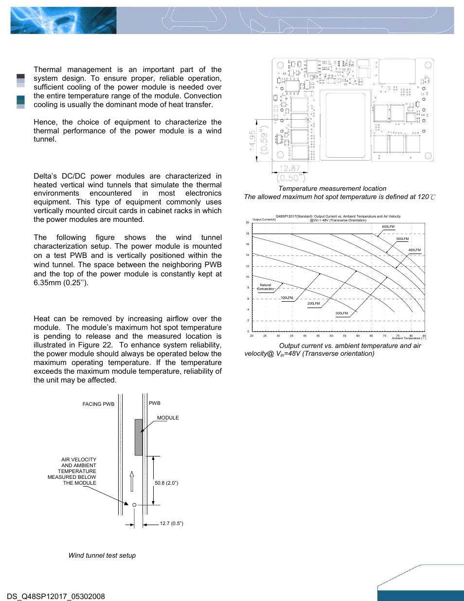Thermal considerations, Thermal curves, Thermal testing setup | Thermal derating, Figure 21: wind tunnel test setup, 48v (transverse orientation) | Delta Electronics Q48SP User Manual | Page 10 / 14