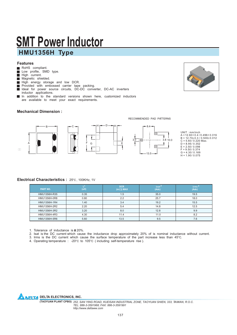 Delta Electronics SMT Power Inductor HMU1356H User Manual | 1 page