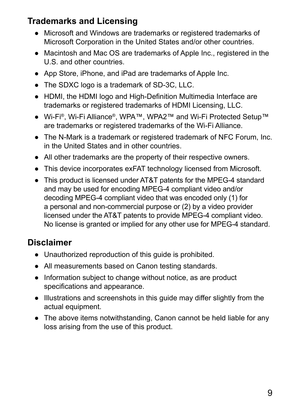 9trademarks and licensing, Disclaimer | Canon IXUS 285 HS User Manual | Page 9 / 11