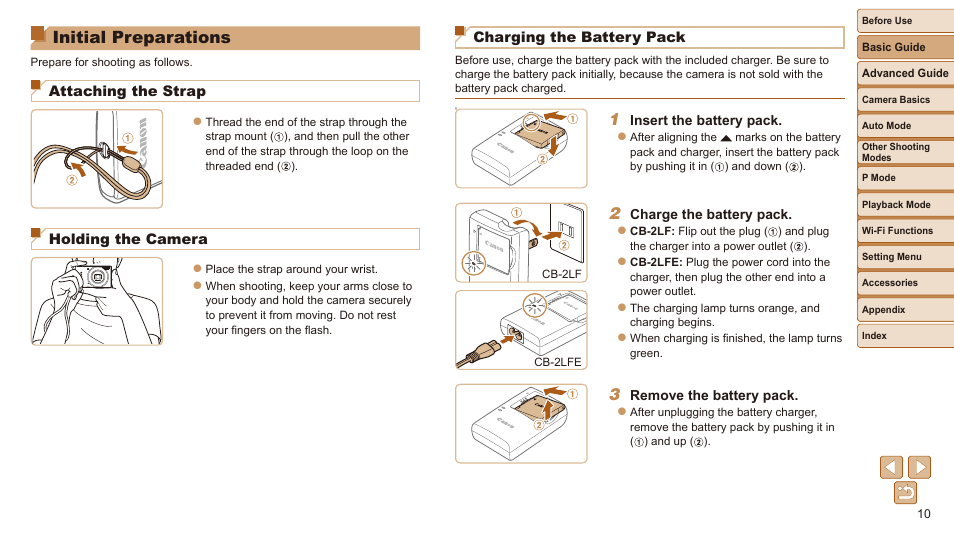 Initial preparations, Attaching the strap, Holding the camera | Charging the battery pack | Canon IXUS 180 User Manual | Page 10 / 143