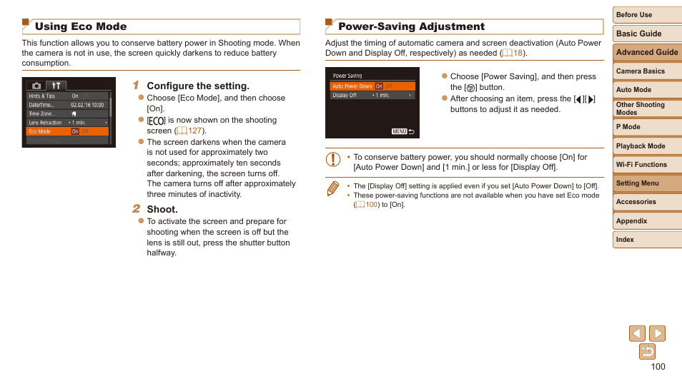 Using eco mode, Power-saving adjustment | Canon IXUS 180 User Manual | Page 100 / 143