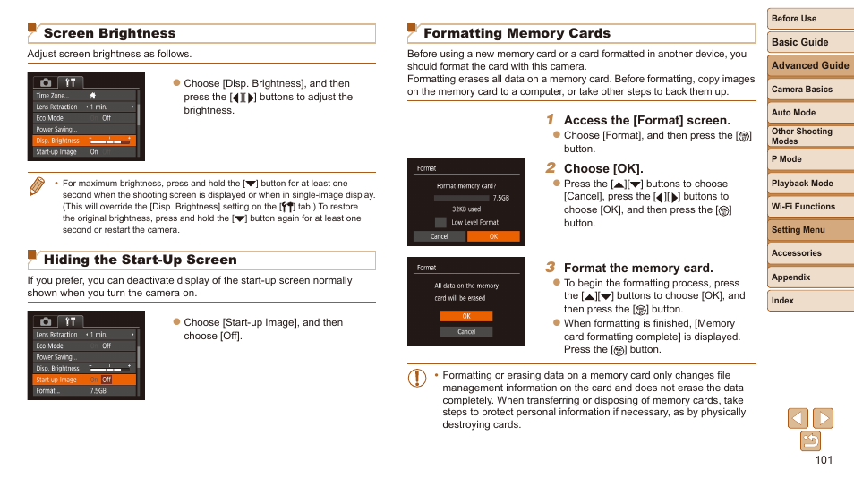 Card, Screen brightness, Hiding the start-up screen | Formatting memory cards | Canon IXUS 180 User Manual | Page 101 / 143