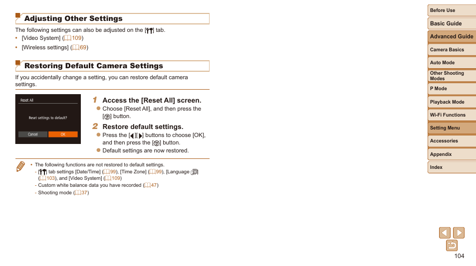 Adjusting other settings, Restoring default camera settings, Access the [reset all] screen | Restore default settings | Canon IXUS 180 User Manual | Page 104 / 143