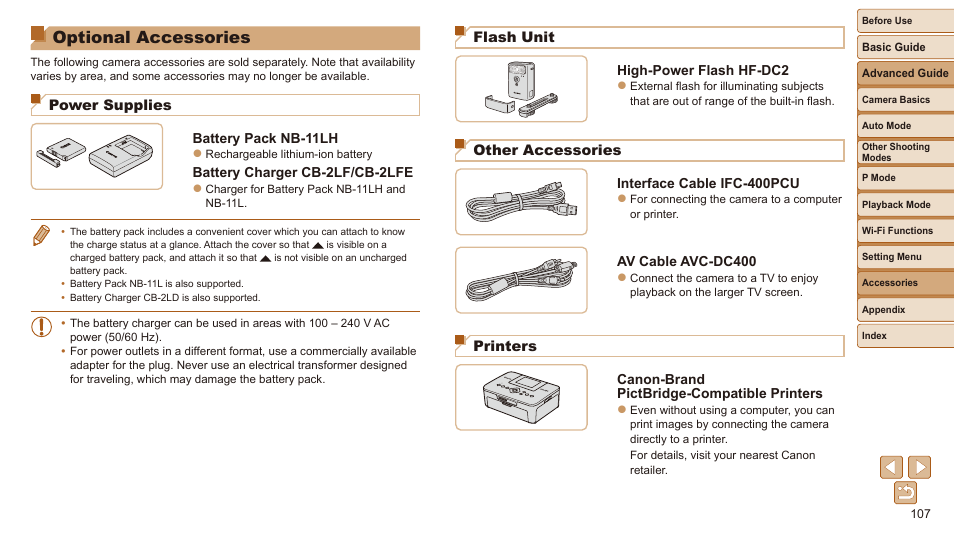 Optional accessories, Power supplies, Flash unit | Other accessories, Printers | Canon IXUS 180 User Manual | Page 107 / 143