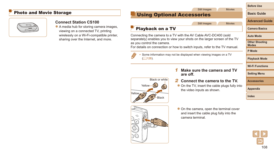 Using optional accessories, Photo and movie storage, Playback on a tv | Canon IXUS 180 User Manual | Page 108 / 143