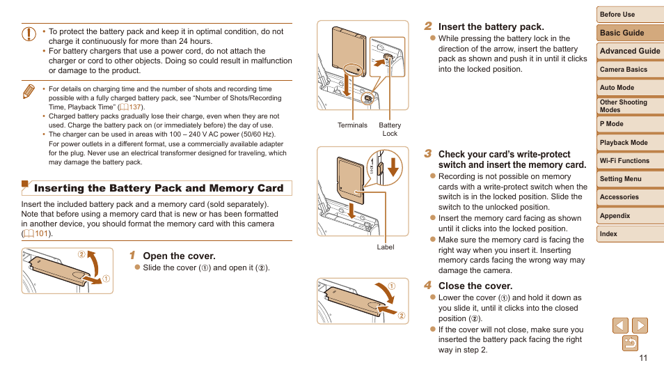 Inserting the battery pack and memory card | Canon IXUS 180 User Manual | Page 11 / 143