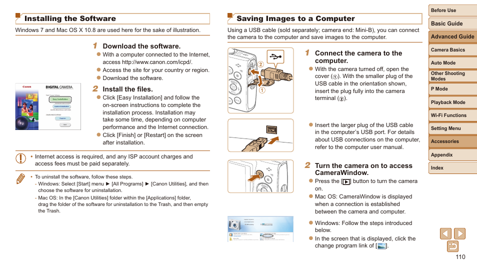 Installing the software, Saving images to a computer | Canon IXUS 180 User Manual | Page 110 / 143