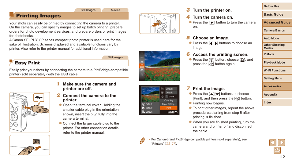 Printing images, Easy print | Canon IXUS 180 User Manual | Page 112 / 143