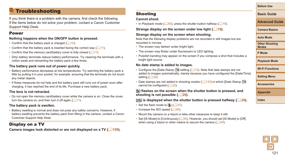 Troubleshooting, Power, Display on a tv | Shooting | Canon IXUS 180 User Manual | Page 121 / 143