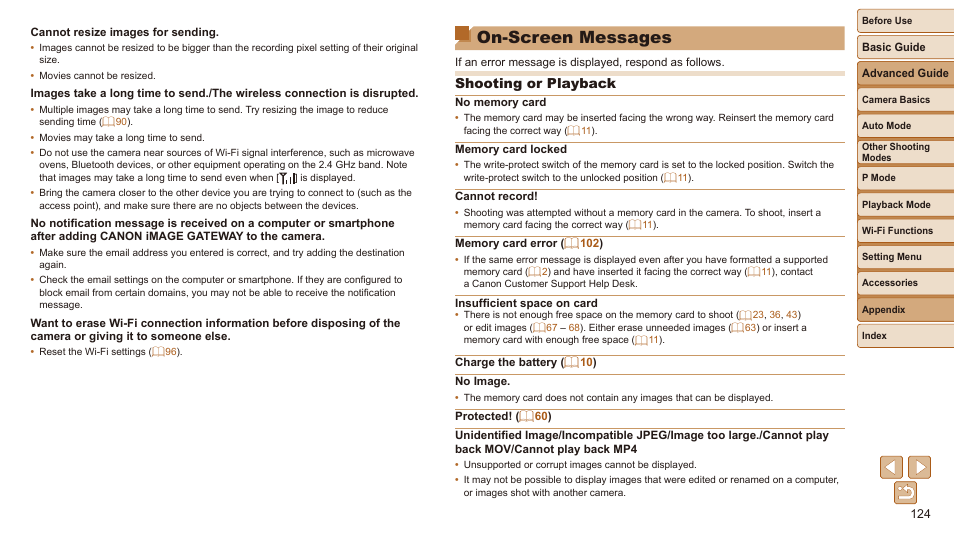 On-screen messages, Shooting or playback | Canon IXUS 180 User Manual | Page 124 / 143