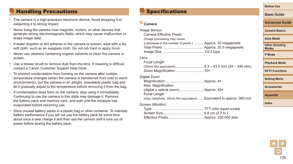 Handling precautions, Specifications, Camera | Standards in “camera | Canon IXUS 180 User Manual | Page 135 / 143