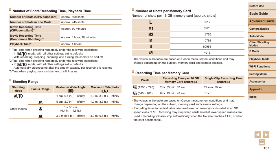 Time, playback time, Memory card, see “number of shots per memory card, Focus (shooting range), see “shooting range | Memory card, see “recording time per memory card, Mode, see “shooting range, Details on the range of focus, see “shooting range, On the range of focus, see “shooting range, Make sure subjects are within focusing range | Canon IXUS 180 User Manual | Page 137 / 143