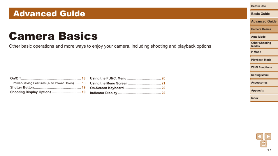 Advanced guide, Camera basics | Canon IXUS 180 User Manual | Page 17 / 143