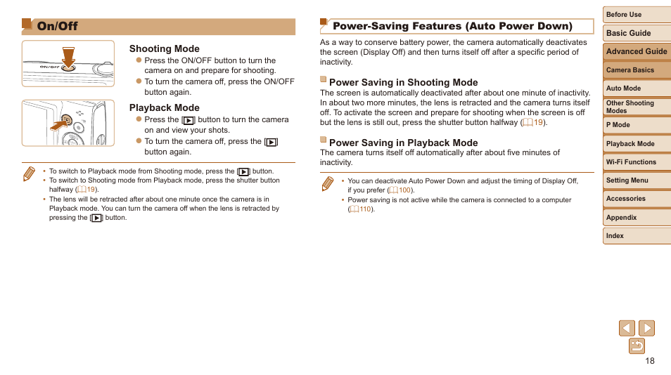 On/off, Power-saving features (auto power down), Shooting mode | Playback mode, Power saving in shooting mode, Power saving in playback mode | Canon IXUS 180 User Manual | Page 18 / 143