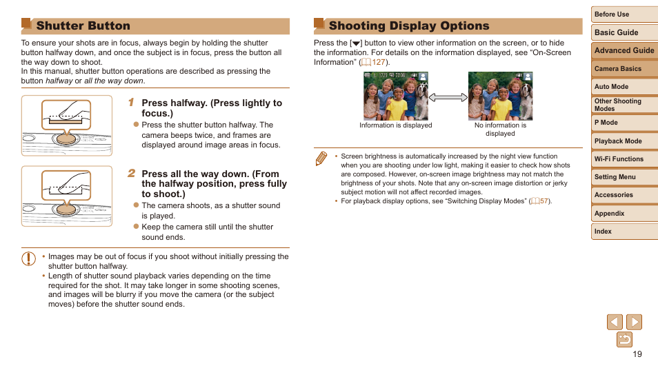 Shutter button, Shooting display options, Halfway | Canon IXUS 180 User Manual | Page 19 / 143