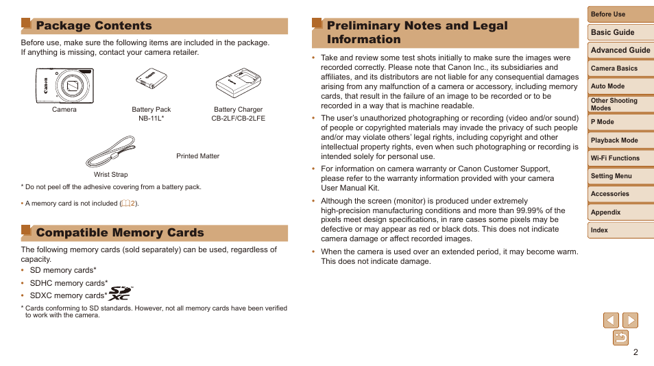 Package contents | Canon IXUS 180 User Manual | Page 2 / 143