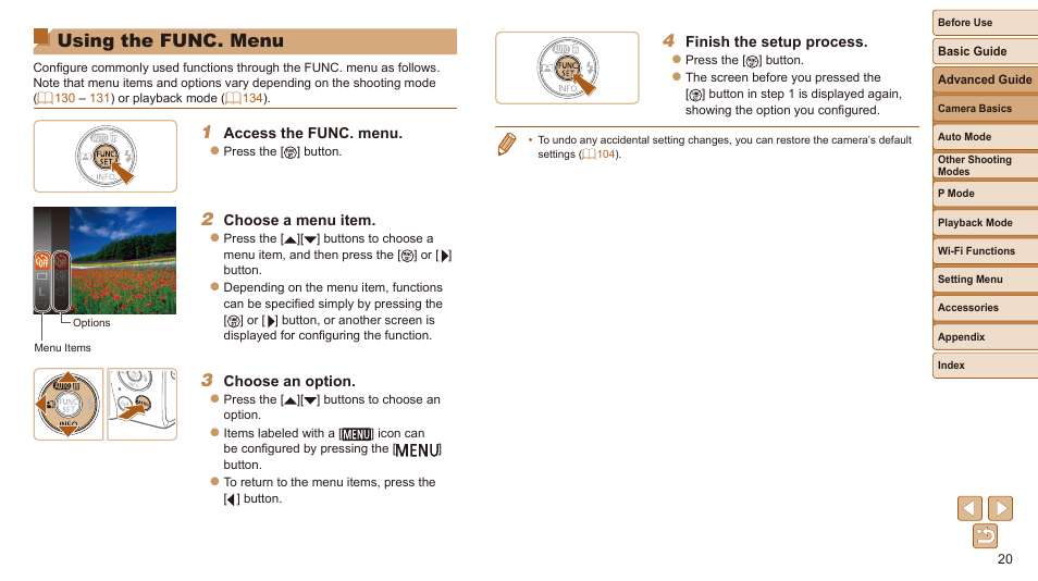 Using the func. menu | Canon IXUS 180 User Manual | Page 20 / 143