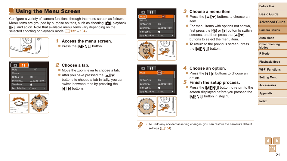 Using the menu screen | Canon IXUS 180 User Manual | Page 21 / 143