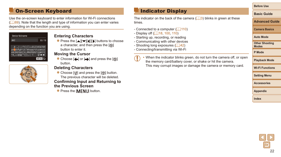 On-screen keyboard, Indicator display | Canon IXUS 180 User Manual | Page 22 / 143