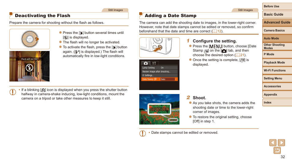 Ou can also add a date stamp to shots, if you wish, Deactivating the flash, Adding a date stamp | Canon IXUS 180 User Manual | Page 32 / 143