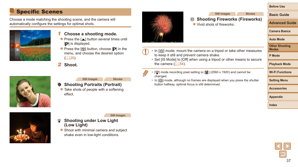 Specific scenes | Canon IXUS 180 User Manual | Page 37 / 143