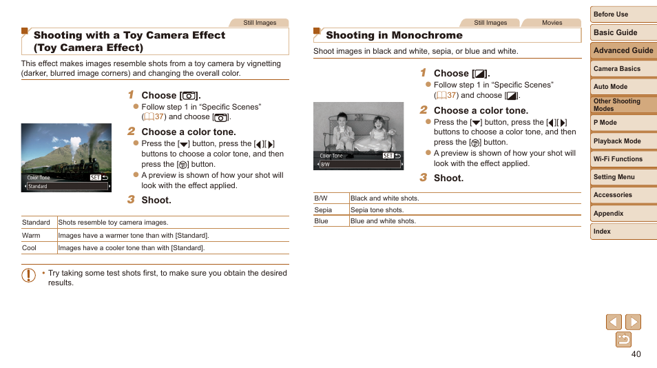 Shooting with a toy camera effect, Toy camera effect), Shooting in monochrome | Canon IXUS 180 User Manual | Page 40 / 143