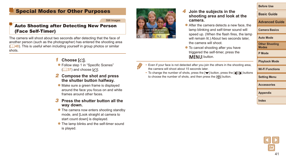 Special modes for other, Purposes, Special modes for other purposes | Auto shooting after detecting new person, Face self-timer) | Canon IXUS 180 User Manual | Page 41 / 143