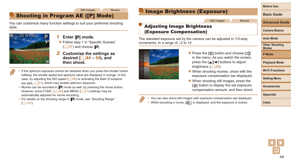 Shooting in program ae, P] mode), Image brightness (exposure) | Shooting in program ae ([p] mode), Adjusting image brightness, Exposure compensation), Adjusting image brightness (exposure compensation) | Canon IXUS 180 User Manual | Page 44 / 143