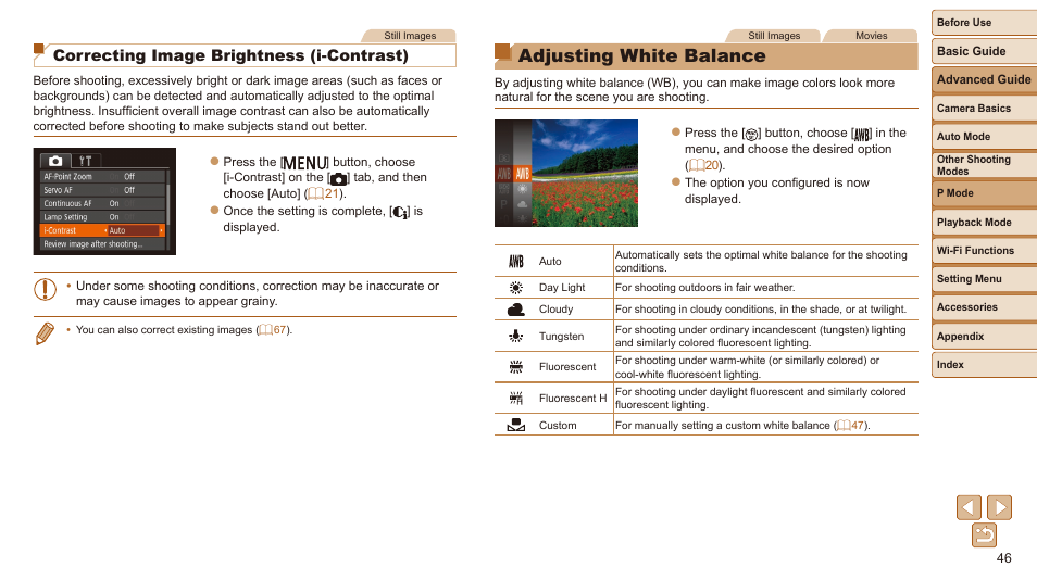 Adjusting white balance, Correcting image brightness (i-contrast) | Canon IXUS 180 User Manual | Page 46 / 143