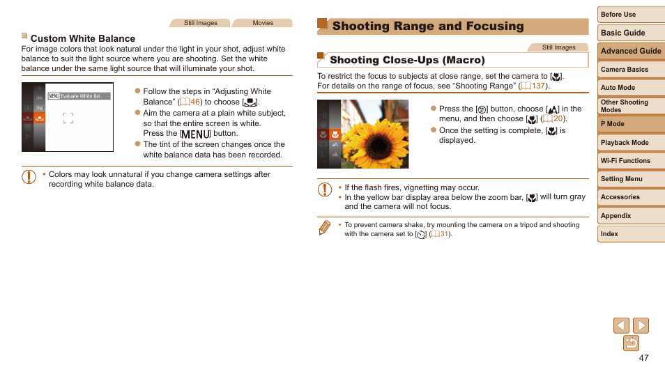 Shooting range and focusing, Shooting close-ups (macro), For manually setting a custom white balance | Canon IXUS 180 User Manual | Page 47 / 143