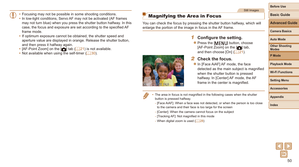 Magnifying the area in focus | Canon IXUS 180 User Manual | Page 50 / 143