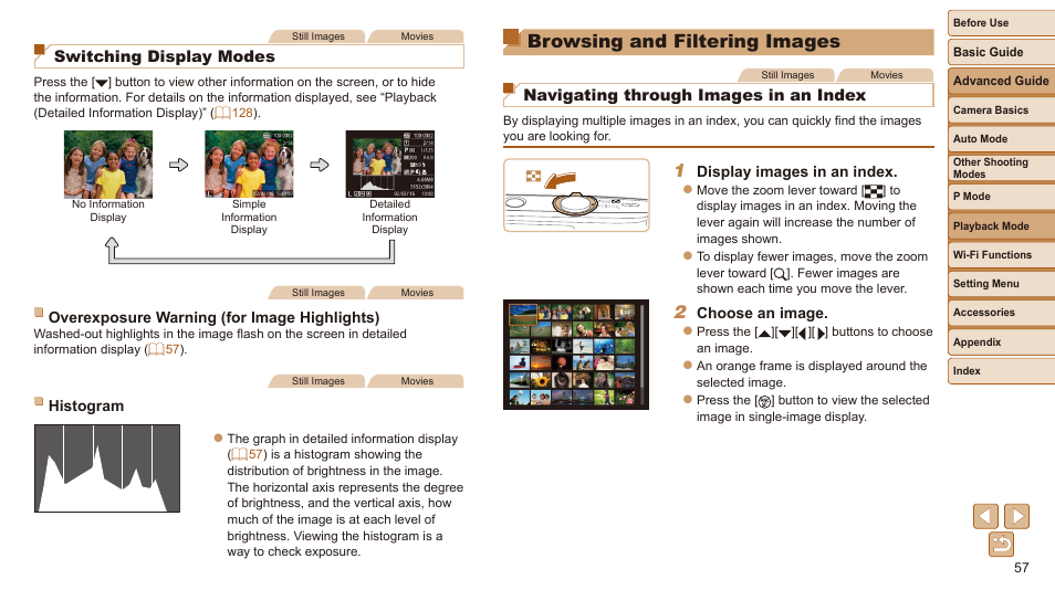 Browsing and filtering images, Switching display modes, Navigating through images in an index | Canon IXUS 180 User Manual | Page 57 / 143