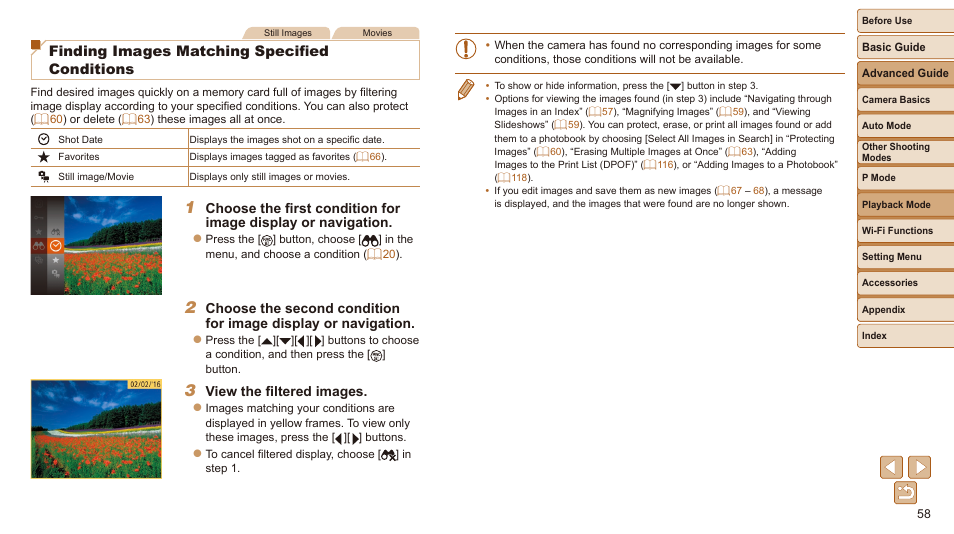 Finding images matching specified conditions, View the filtered images | Canon IXUS 180 User Manual | Page 58 / 143