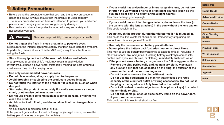 Precautions, Section, before using the camera, Safety precautions | Canon IXUS 180 User Manual | Page 6 / 143