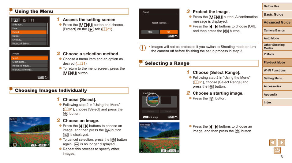 Using the menu, Choosing images individually, Selecting a range | Canon IXUS 180 User Manual | Page 61 / 143