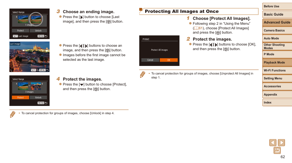Protecting all images at once | Canon IXUS 180 User Manual | Page 62 / 143