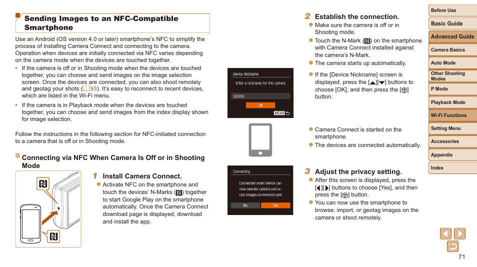 Sending images to an nfc-compatible, Smartphone, Connect via nfc | Canon IXUS 180 User Manual | Page 71 / 143