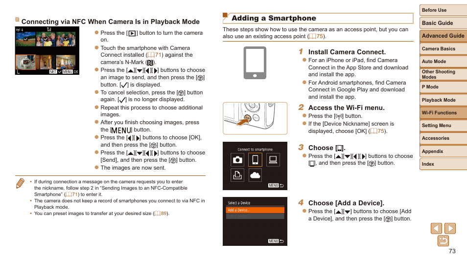 Adding a smartphone, Connect via the wi-fi menu | Canon IXUS 180 User Manual | Page 73 / 143