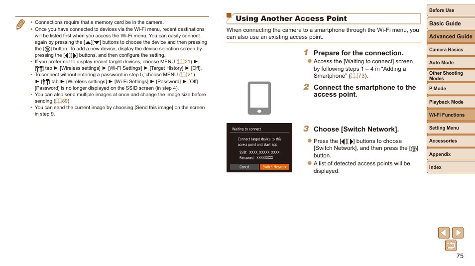 Using another access point, Also use an existing access point, Displayed, choose [ok | Prepare for the connection, Connect the smartphone to the access point, Choose [switch network | Canon IXUS 180 User Manual | Page 75 / 143