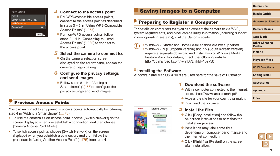 Saving images to a computer, Previous access points, Preparing to register a computer | Canon IXUS 180 User Manual | Page 76 / 143