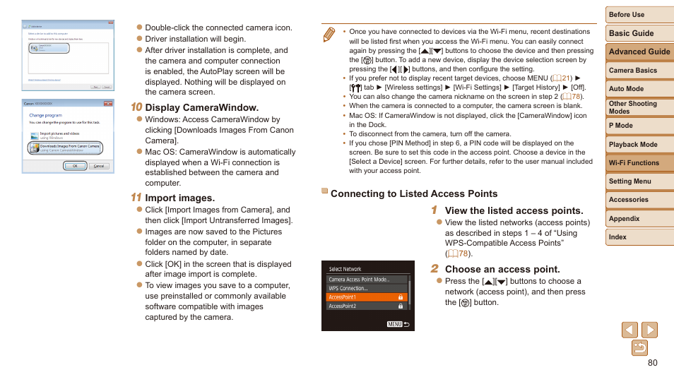 2 – 4 in “connecting to listed, Access points, To connect to | Canon IXUS 180 User Manual | Page 80 / 143